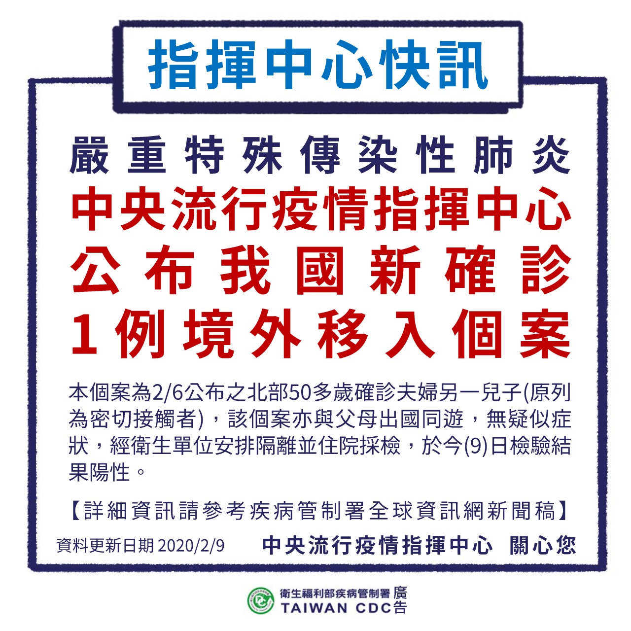 1090209新增一例境外移入